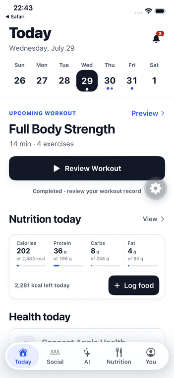 Genesis 360 Today dashboard with workout, nutrition, and health summaries